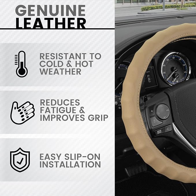 Genuine Beige Leather Steering Wheel Cover for Car, Small 13.5-14 inch – Ergonomic Comfort Grip for Men & Women, Car Steering Wheel Cover for Vehicles with Small Steering Wheel