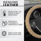Genuine Beige Leather Steering Wheel Cover for Car, Small 13.5-14 inch – Ergonomic Comfort Grip for Men & Women, Car Steering Wheel Cover for Vehicles with Small Steering Wheel