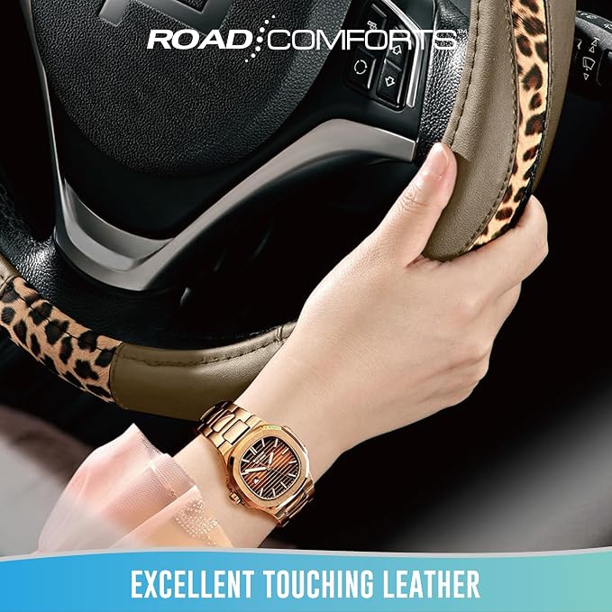 Steering Wheel Cover - Made with PVC Leather and Leopard Fabric - Universal 14 1/2 inches to 15 inches for Most Automotive Steering Wheel - Cheetah Print -Beige