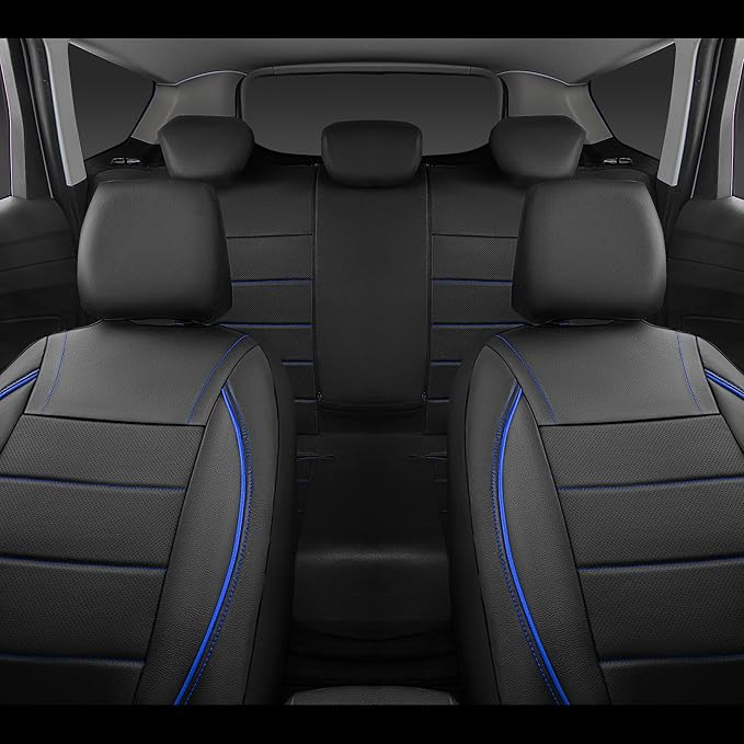 Universal FIT Piping Leather Car Seat Cover, for suvs,Van,Trucks,Airbag Compatible,Inside Zipper Design and Reserved Opening Holes (Full Set, Black and Blue)