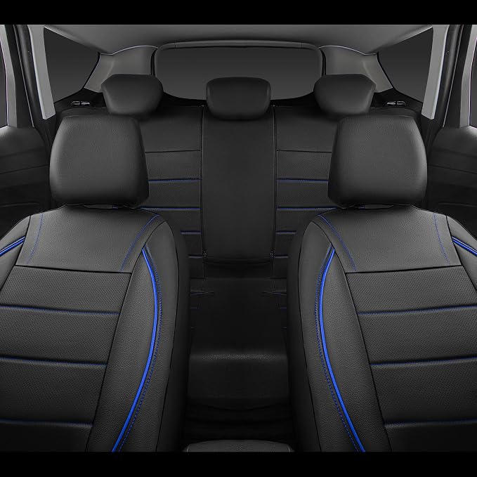 Universal FIT Piping Leather Two Front Seat Covers, Waterproof Faux Leather for SUV Sedan Van Truck, Airbag Compatible,Reserved Opening Holes for Headrest Covers. (Black and Blue)