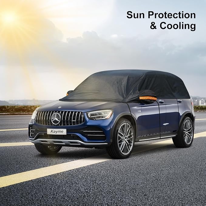 Half Car Cover, Windshield Cover for Ice and Snow Top with Reflective Straps, Roof Cover Waterproof All Weather Dust, Sun Protection. Front Rear Window Cover Fit SUV. YL (143''-157'')