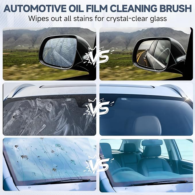 Oil Film Cleaning Brush for Car Windows Upgrade Clear Vision Car Glass Cleaner | Improves Crystal Clarity and Anti-Fog, Windshield Oil Film Remover Comes with Microfiber Towel for Car & Home Use (Red)