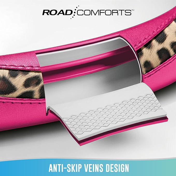 Steering Wheel Cover - Made with PVC Leather and Leopard Fabric - Universal 14 1/2 inches to 15 inches for Most Automotive Steering Wheel - Cheetah Print -Hot Pink