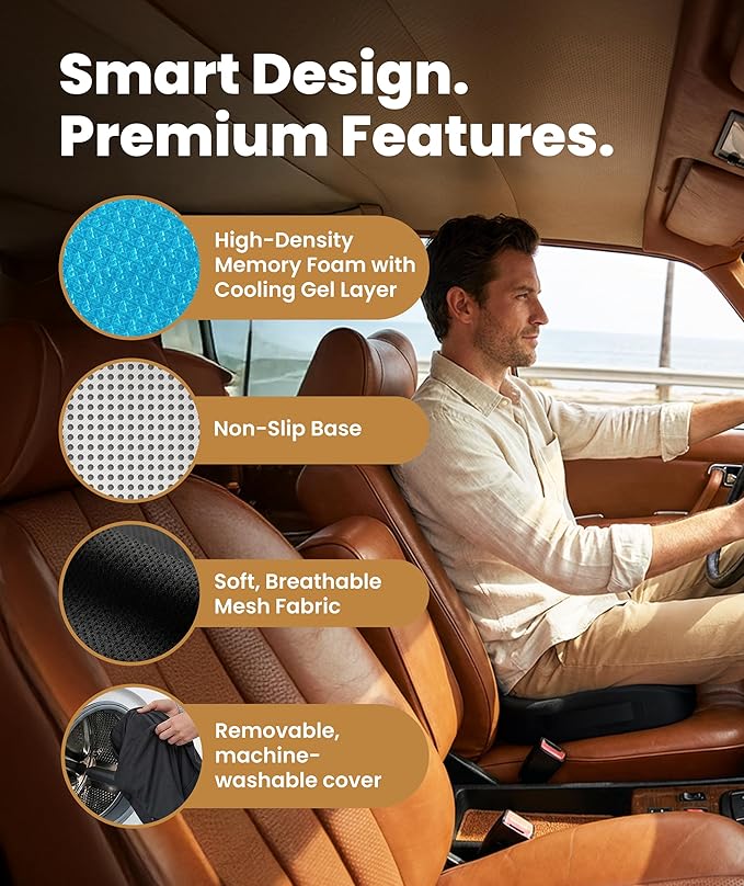 Doctor Recommended Memory Foam Seat Cushion for Office Chairs & Car - Ergonomic Office Desk Accessories - Cushions for Tailbone Pain Relief, Sciatica (Black Cool, Large)