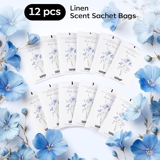 12 Pack Fresh Linen Scented Sachets for Drawer, Closet & Car Air Freshener Bags | Odor Eliminator & Fabric Refresher | Crisp, Clean Home Fragrance Gift Set