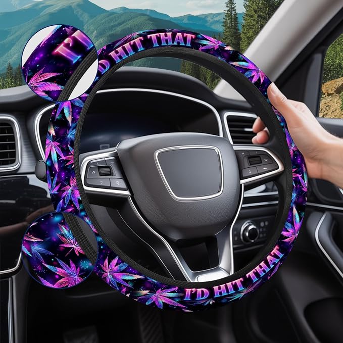 Purple Botanical Leaf Steering Wheel Cover, Polyester Car Wheel Grip, Universal 15 Inch for Cars SUVs Trucks