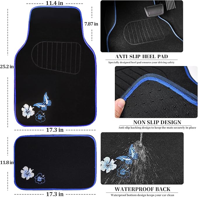 Universal Fit Embroidery Butterfly and Flower Car Floor Mats, Blue Car Floor Mats Fit 95% Automotive,SUVS,Sedan,Vans,for Women,Girly,Set of 4 (Black with Blue)
