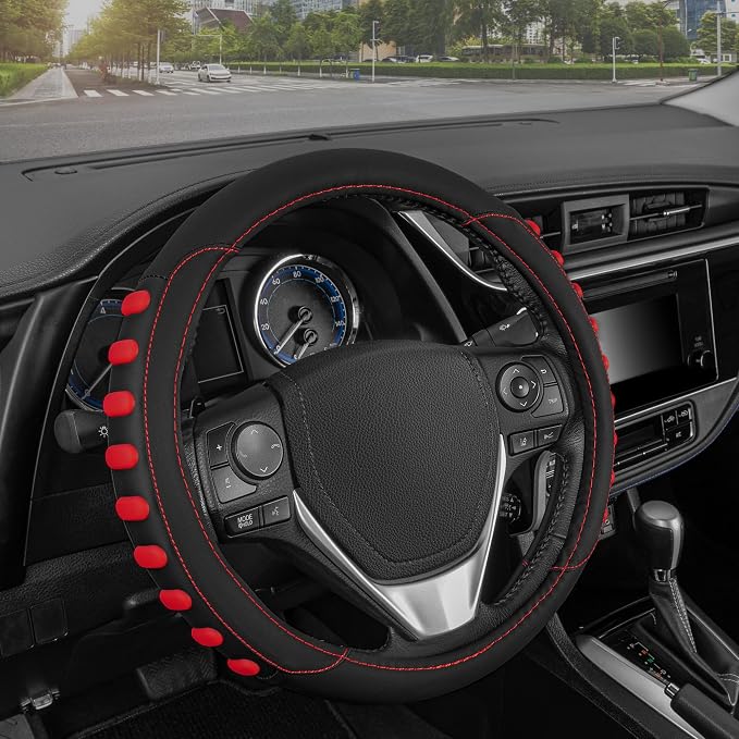 FlexGrip Red Steering Wheel Cover for Cars – Standard 15 inch Car Steering Wheel Cover, Red and Black Steering Wheel Protector for Auto Truck Van SUV