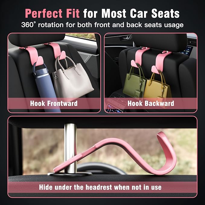 Universal Car Headrest Hooks, Car Organizer Hanger Storage Hooks for Bag Purse Cloth Grocery (Pink Set of 4)
