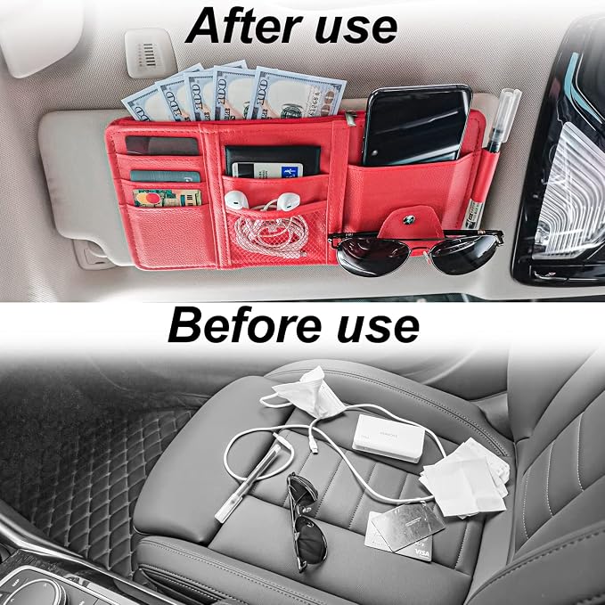 Car Sun Visor Organizer with Multi-Pocket Net Zipper, Truck Visor Organizer Storage Pouch Holder for Cards, Pens, Sunglasses, CD Holder - Red
