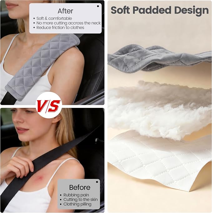 Soft Auto Seat Belt Cover Seatbelt Shoulder Pad Cushions 2 PCS Universal Fit for All Cars and Backpack for a More Comfortable Driving (Light Grey)