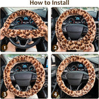 Fuzzy Car Steering Wheel Cover, Universal Fit Fur Auto Wheel Cover & Handbrake Cover & Gear Shift Cover Set, Leopard Warm Fluffy Vehicle Wheel Protector Car Accessories for Men Women (Brown)