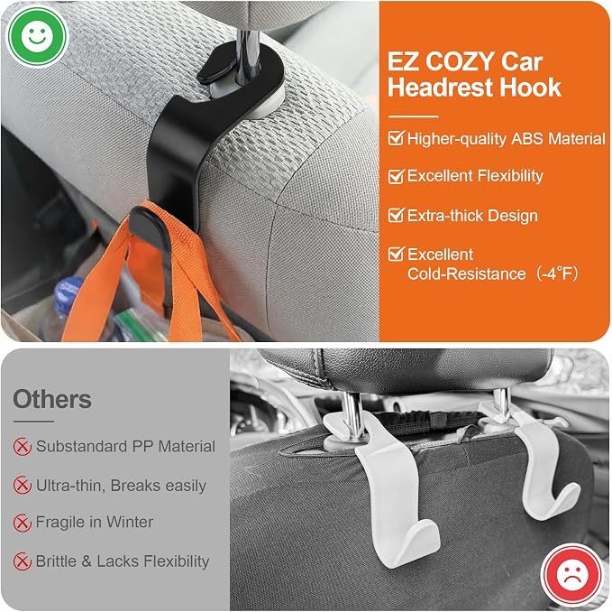 Purse Hook for Car 4 Pack, Deep Anti-Drop Car Seat Hooks for Headrest, Thick ABS Plastic Holds 55 Lbs, Heavy Duty Car Purse Holder & Car Accessories Interior for Handbags, Car Organizer Black
