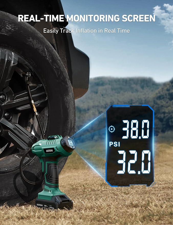 C2 Cordless Tire Inflator Air Compressor 20V Rechargeable Battery Powered 160PSI Portable Air Pump with 12V Car Power Adapter Digital Pressure Gauge for Cars Motorcycles Green