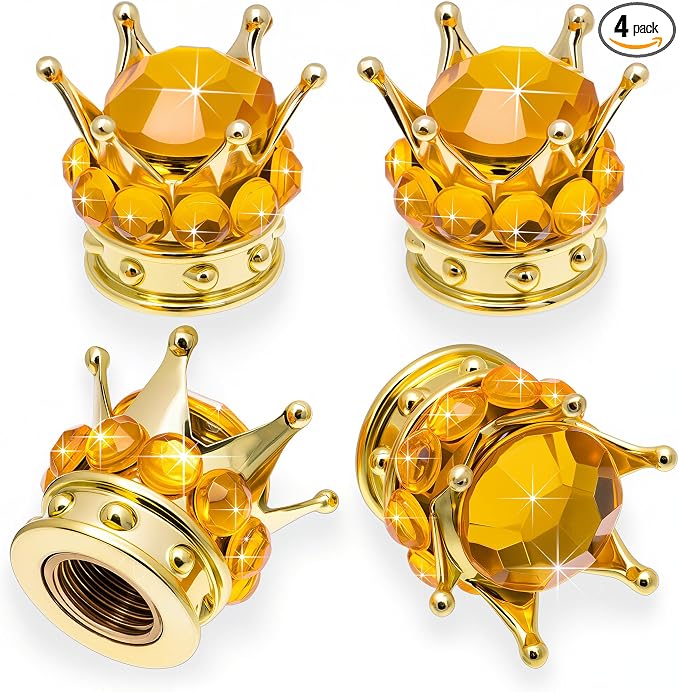 4PCS Crown Bling Tire Stem Valve Caps, Crystal Diamond Car Wheel Tire Valve Caps Universal Copper Core Stem Covers for Cars, SUV, Trucks, Bikes, Motorcycles, Bicycles (Gold)