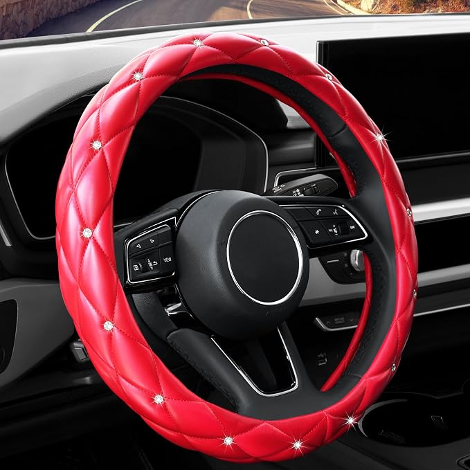 Cute Diamond Soft Leather Anti-Slip Steering Wheel Cover with Bling Bling Crystal Rhinestones, Universal 15 Inch for Women Girls, Fit Vehicles, Sedans, SUVs, Vans, Trucks - Red