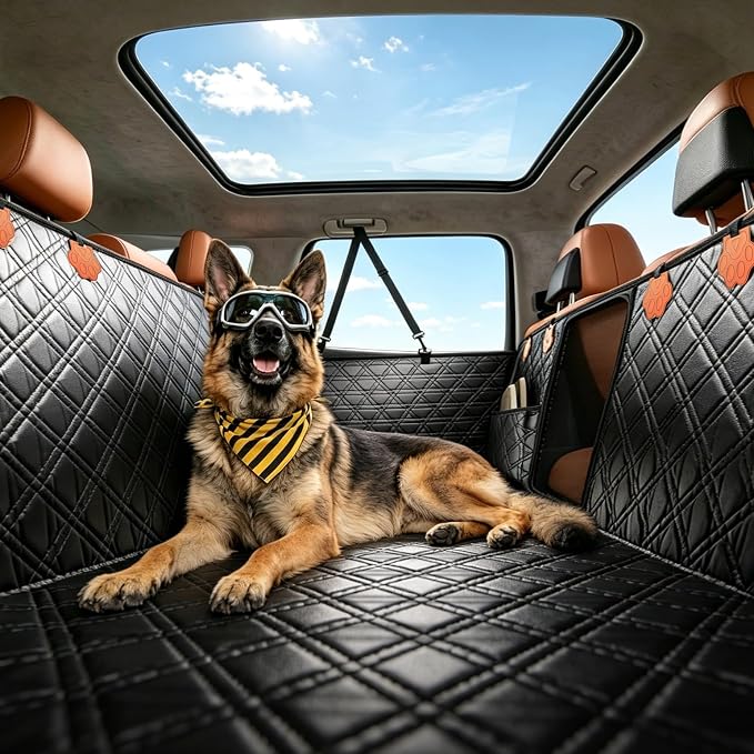 Back Seat Extender for Dogs, PU Leather Dog Car Seat Cover with Hard Bottom, Dog Hammock with Mesh Window, Dog Car Seat Cover for Full Size Truck&SUV, Holds 440 lbs