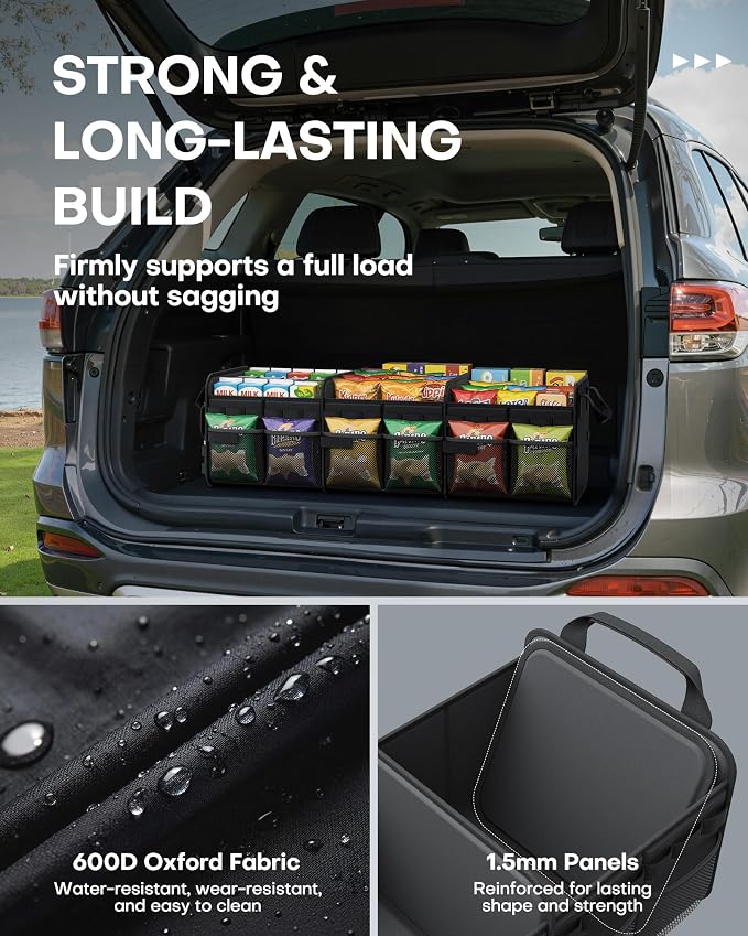 Tactical Car Trunk Organizer - Foldable Trunk Organizer for SUV with Front MOLLE Pocket & Reflective Strips, Essential Car Accessories for Tools & Outdoor Storage, 15.0" x 31.5" x 11.0", Black