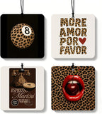 Leopard Print 8 Ball Orange Car Air Freshener 4 Pcs, Inspirational Cheetah Cherry Lips Square Hanging Air Freshener for Closet Drawer Books, Girly Y2k Car Accessories Mirror Decor for Women
