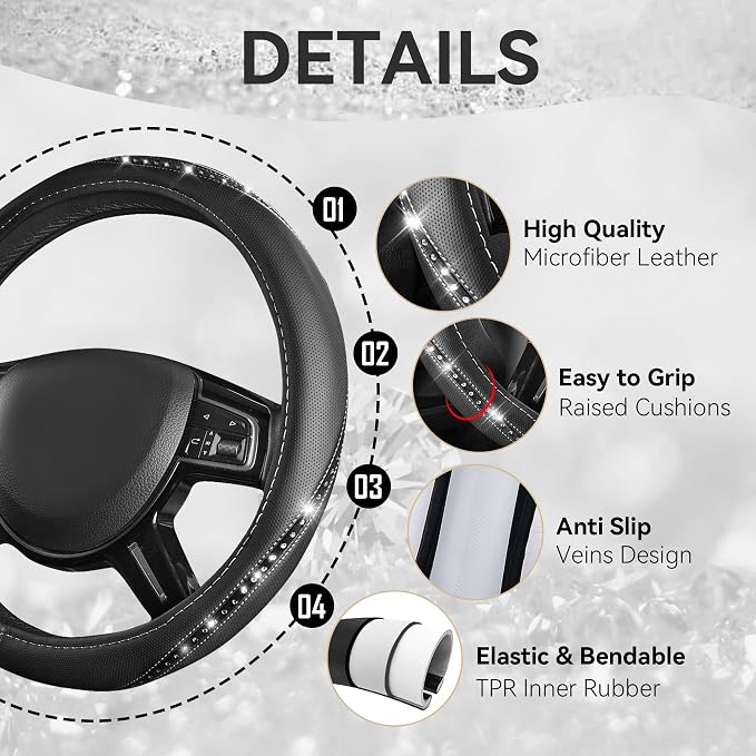 Bling Diamond Black Leather Steering Wheel Cover, Studded Crystal Rhinestones Universal Fit 14" 1/2-15" Glitter for Women Sparkle Girl Fit Suvs,Vans,Sedans,Car,Trucks, Silver Diamond