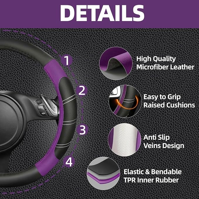 10 Pcs Car Floor Mats Full Set & Sport Leather Steering Wheel Cover 14.5-15 inch, Center Console Cover, Seat Belt Cushion, Cup Holder Coaster, Universal Automobile Interior Sets (Purple)