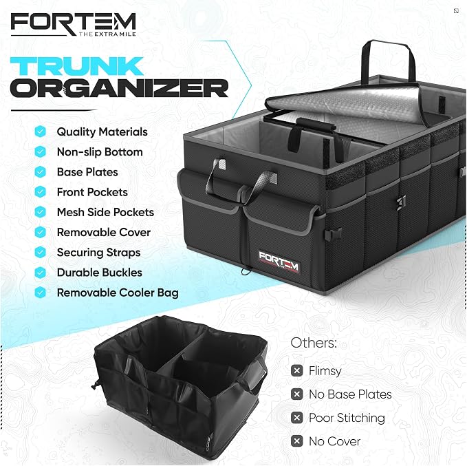 Trunk Organizer with Cooler For SUV Car Trunk, Foldable Storage, Car Accessories for Women Men, Collapsible Bag, 600D Oxford, Non Slip Bottom, Straps, Soft Cover (105L)