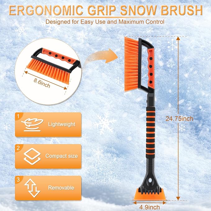 Ice Scraper and Snow Brush for Car Windshield, 24.75" Removable Snow Removal Tool, Automotive Exterior Accessories and Winter Essentials for Cars, Trucks, and SUVs,Orange