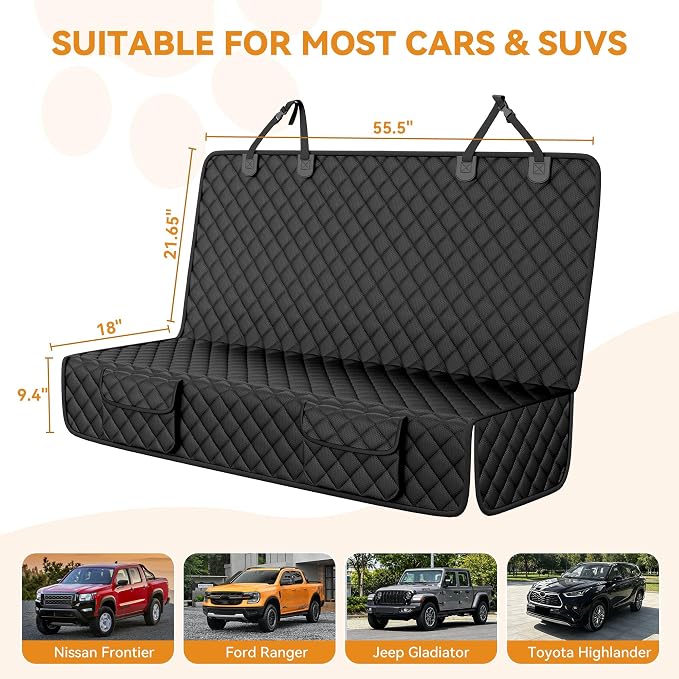 Back Seat Cover for SUV - Waterproof Non-Slip Dog Seat Cover for Toyota Tacoma/Jeep Grand Cherokee/Ford Explorer/Ranger/Chevrolet Colorado, Durable Scratch-Proof Bench Seat Cover for Dog