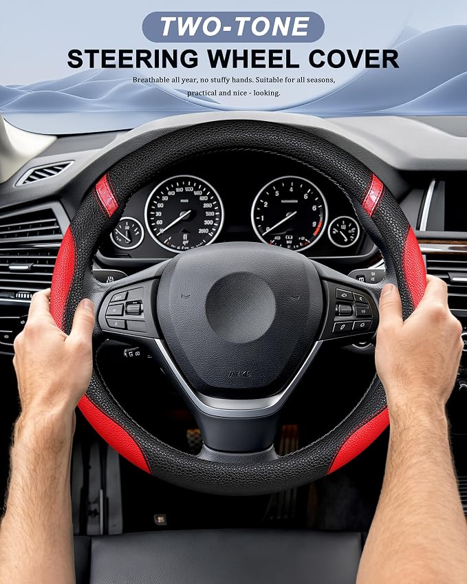 Steering Wheel Cover for Women Leather Universal Steering Wheel Cover for Car 15 inch (Red)
