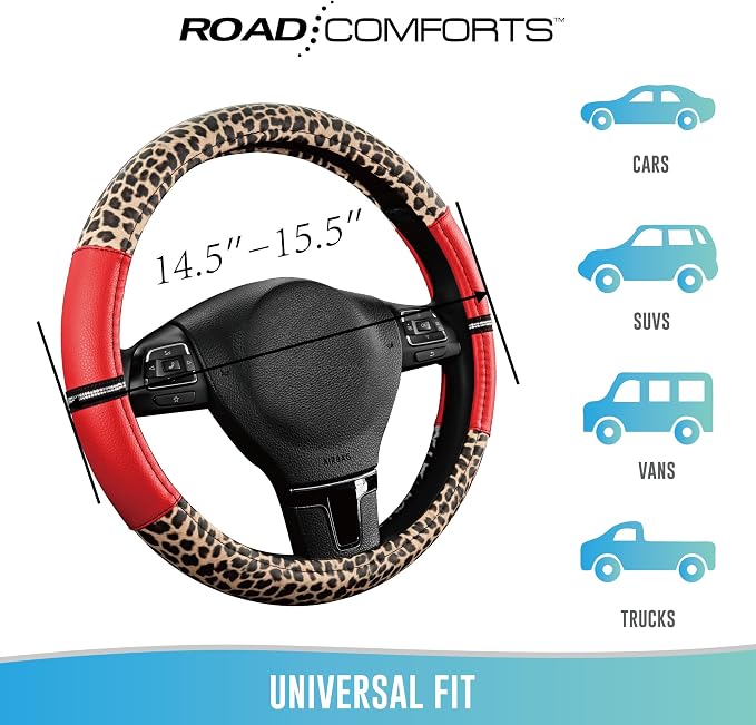 Leopard Steering Wheel Cover for Women, Cute Anti-Slip Microfiber Leather, Universal Fit 14.5-15 Inch Round Steering Wheel - Red