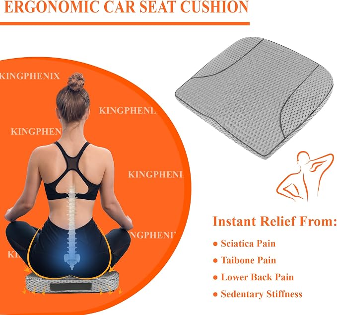 Premium Car Seat Cushion, Memory Foam Driver Seat Cushion to Improve Driving View- Coccyx & Lower Back Pain Relief - Seat Cushion for Car, Truck, Office Chair (4D Mesh Gray)