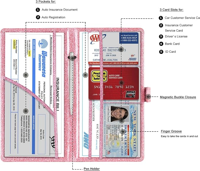 Car Registration and Insurance Card Holder, Vehicle License Document Glove Box Compartment Organizer, Interior Car Accessories for Women Men (Glitter Pink)