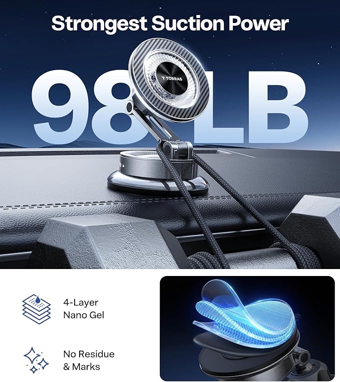 2026 Upgraded Vacuum Car Phone Holder for MagSafe Car Mount [98+ LBS Strongest Suction | 24 N58 Magnets] 360° Adjustable Magnetic Phone Holders for Your Car, for iPhone 17-12 Pro Max Plus Air