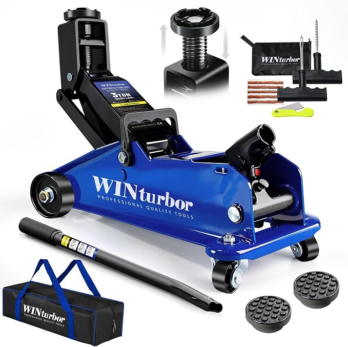 3 Ton Floor Jack, 6000 lb, 7.6"-21.3" Lift, w/Pads, Bag & Tire Kit | Heavy-duty floor jack for SUVs, pickups and sedans. 7.6" entry, 21.3" max lift. Includes 2 pads, bag & 8‑pc tire kit.