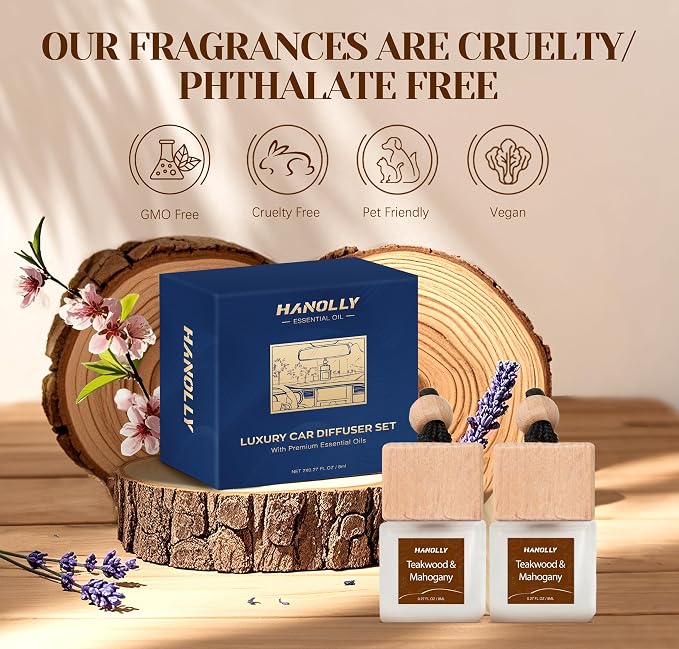 Car Air Freshener Hanging 2 Pack, Teakwood & Mahogany Essential Oil Diffuser for Car, Cute Air Fresheners, Long-Lasting Fragrance, Car Air Fresheners for Women & Men Gift