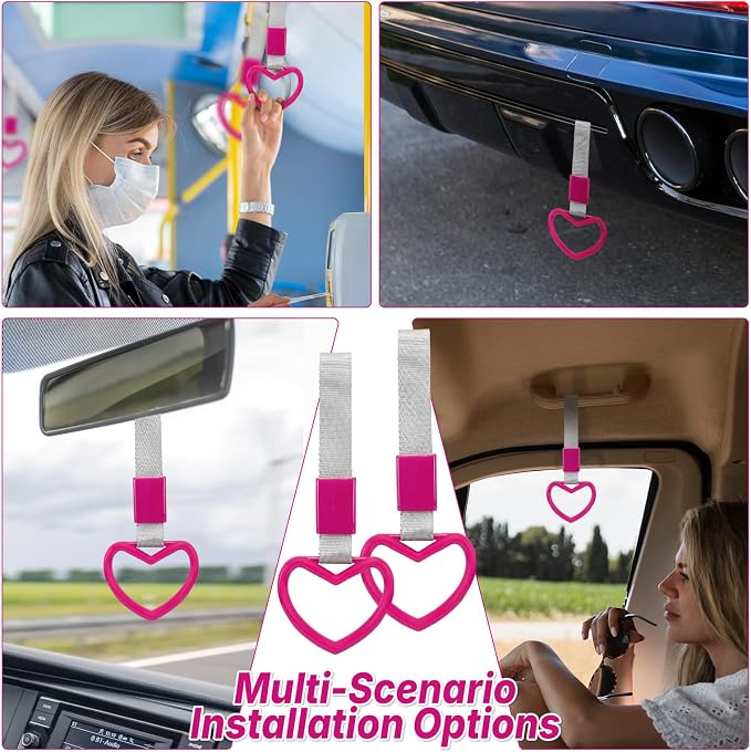 2 Pcs Heart Shaped Car Handle Strap – JD M Drift Charm Rear Bumper Warning Ring Decor for Car Interior Exterior, Subway Bus Handle Accessory, Cute Heart Car Decor Gift for Drivers (Hot Pink-Silver)