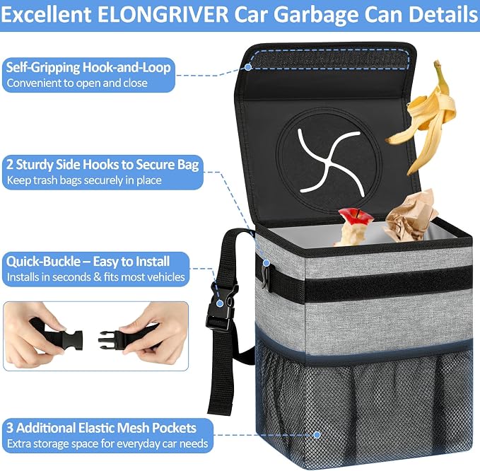 Car Trash Can Bin for Back Seat Leak Proof, Cute Car Trash Bag Hanging, Vehicle Trash Can for SUV Truck Van, Automotive Garbage Cans Front Seat Grey