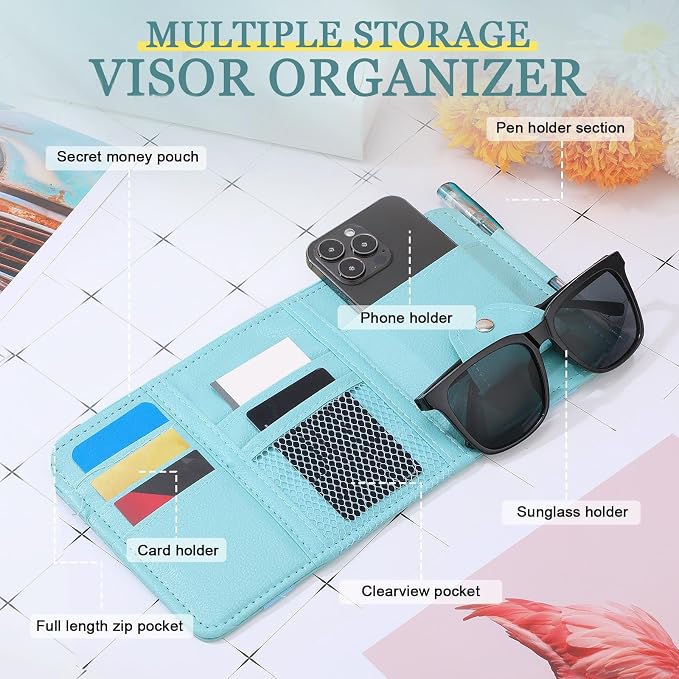 2 Packs Car Sun Visor Organizer, Sunglasses Holders for Car Sun Visor PU Auto Interior Accessories Storage Travel Document Holder with Multi Pocket (Blue, 12.2 x 6.1 Inches)