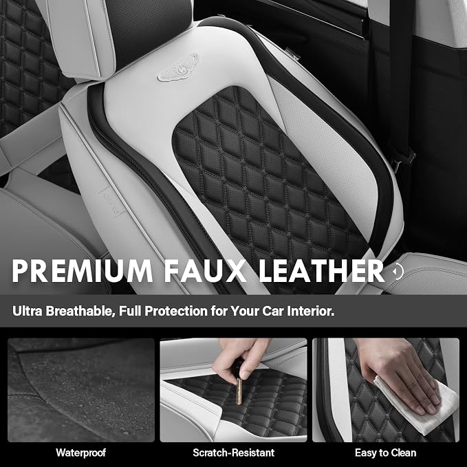Coverado Universal Car Seat Covers Full Set, Luxury Stain-Resistant Waterproof Faux Leather Front & Rear Seat Protectors, Elegant Easy-Clean Automotive Interior – WhiteBlack