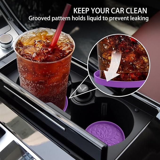 ME.FAN Car Coasters for Cup Holders [4 Pack] - 2.75In Silicone Auto Mug Mats - Universal Non-Slip Recessed Car Interior AccessoriesDeep Purple