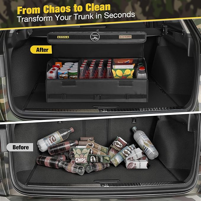 Car Trunk Organizer for SUV and Sedan, Tactical‑Black, 29.5 in | Tactical & Aerospace Oxford, Extra‑Large, Hinged Lid, Collapsible & Adjustable, Water‑Resist & Dust‑Proof