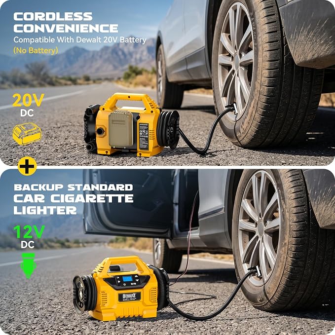 3X Faster Tire Inflator/Deflator Compatible with DeWalt 20V Battery, 160 PSI Cordless Air Compressor Pump with 12V Car Adapter, LCD Digital Gauge for Car, Air Mattresses (Tool Only)