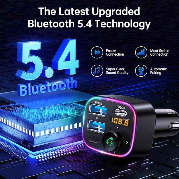 Bluetooth 5.4 FM Transmitter Car Adapter 48W (PD 36W & 12W) [Light Switch] [HiFi Bass Sound] [Fast Charging] Wireless Radio Music Adapter LED Display Hands-Free Calling Support USB Drive