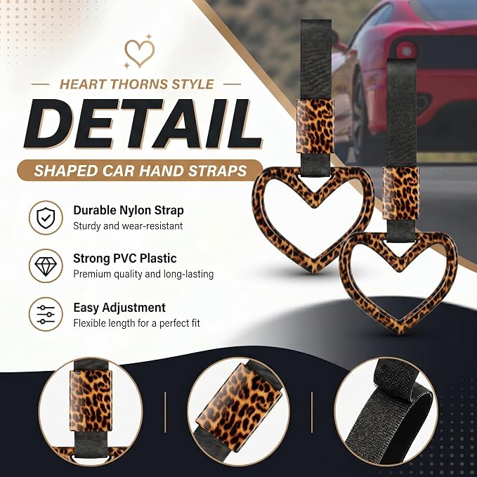 Leopard Heart Car Handle Strap Drift Charm Car Accessories for Women Cheetah Rear Bumper Warning Ring Decor for Auto Bus Subway Interior Exterior Decorations(Leopard, Heart Style)