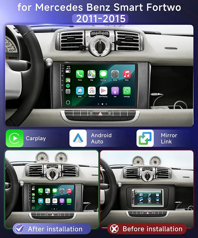 4G+64G Car Radio Stereo for Mercedes Benz Smart Fortwo 2011-2015, 9inch IPS Touch Screen/Android 15/Wireless CarPlay/Android Auto/32 EQ/GPS/WiFi/5.0Bluetooth/FM/RDS/SWC/AHD Backup Camera
