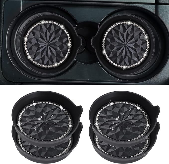 Car Cup Coaster Universal Non-Slip Cup Holders Bling Crystal Rhinestone Car Interior Accessories 4 Pack Black Flower