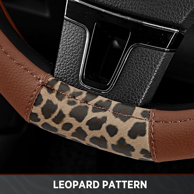 Steering Wheel Cover - Flat Bottom Wheel Cover Made with PVC Leather and Leopard Fabric - Universal Fit for 15-Inch D-Shaped Automotive Steering Wheels (Brown Color)