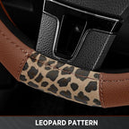 Steering Wheel Cover - Flat Bottom Wheel Cover Made with PVC Leather and Leopard Fabric - Universal Fit for 15-Inch D-Shaped Automotive Steering Wheels (Brown Color)