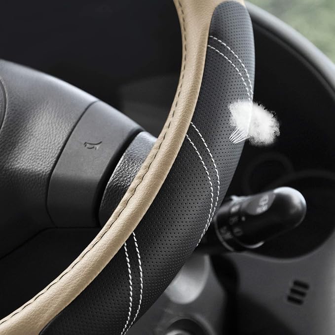 Steering Wheel Cover Leather 15 1/2 to 16 inch Universal Large Soft Grip Breathable for Car Truck SUV Jeep Anti Slip Beige